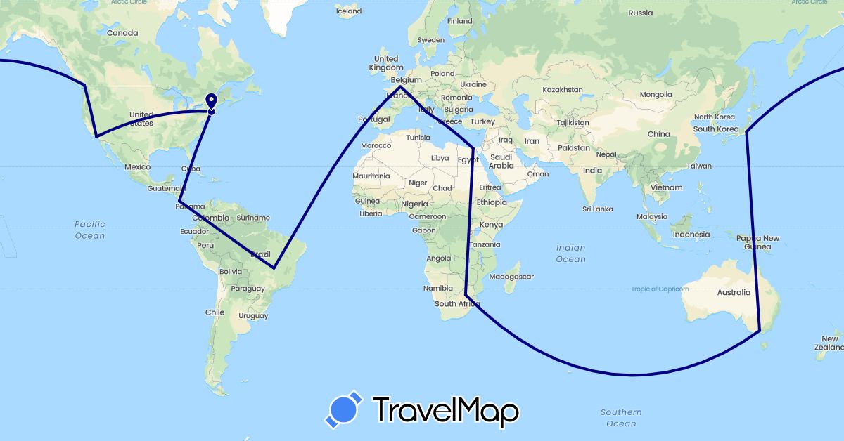 TravelMap itinerary: driving in Australia, Brazil, Canada, Costa Rica, Egypt, France, Italy, Japan, United States, South Africa (Africa, Asia, Europe, North America, Oceania, South America)